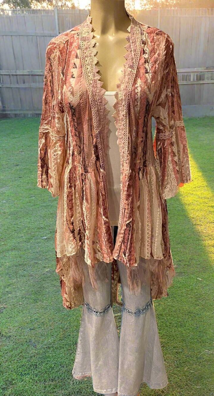 Origami Mauve Geometric Lace Hi-Lo Cardigan Small